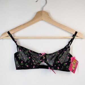 Betsey Johnson Mesh Bra 34B See Through with Pink and Green Rose Pattern